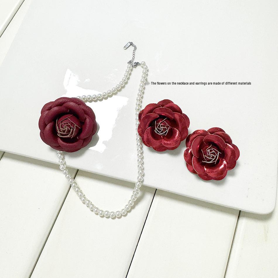 Leather Camellia Pearl Necklace & Earring Set with Unique European-American Style