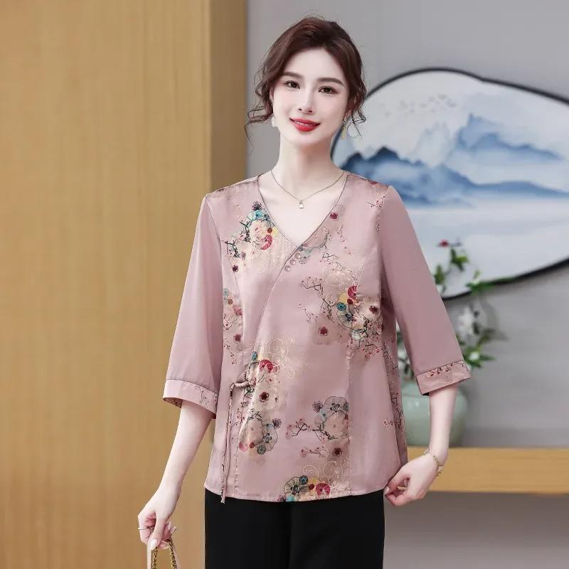 

Women s Chinese Style Floral Print Blouse V-Neck 3/4 Sleeve Loose Casual Top XL