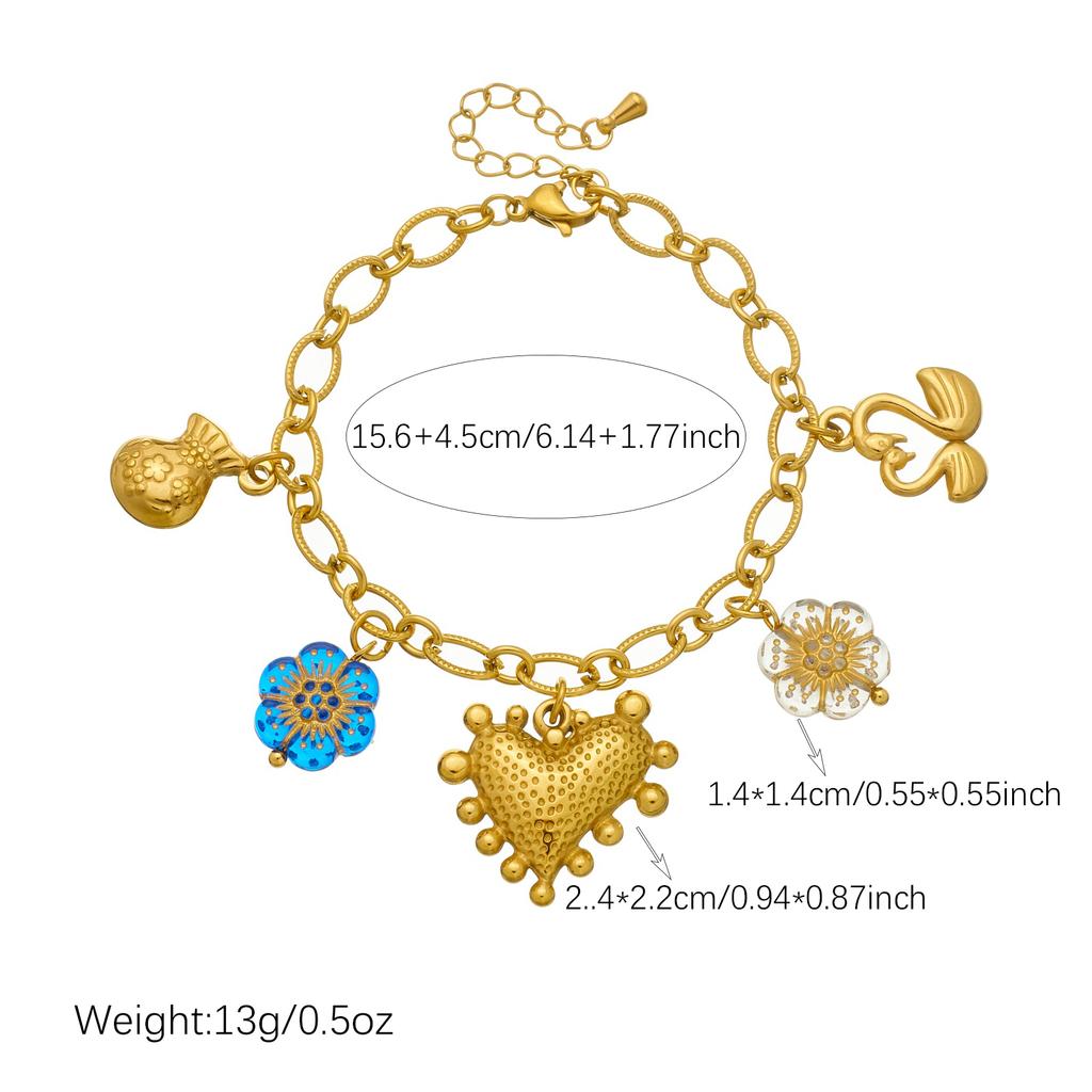 DIEYURO 316L Stainless Steel Golden Heart Charm With Enamel Flower Bracelet For Women New Fashion Trend Hand Chain Jewelry