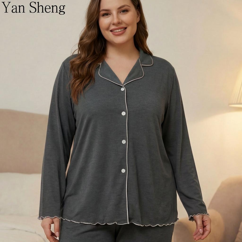 Set Pigiama da Donna Taglie Forti, Completo a 2 Pezzi a Manica Lunga con Bottoni, Cotone Lavorato a Maglia Colorato, Morbido Loungewear per Primavera Autunno, Abbigliamento per la Casa