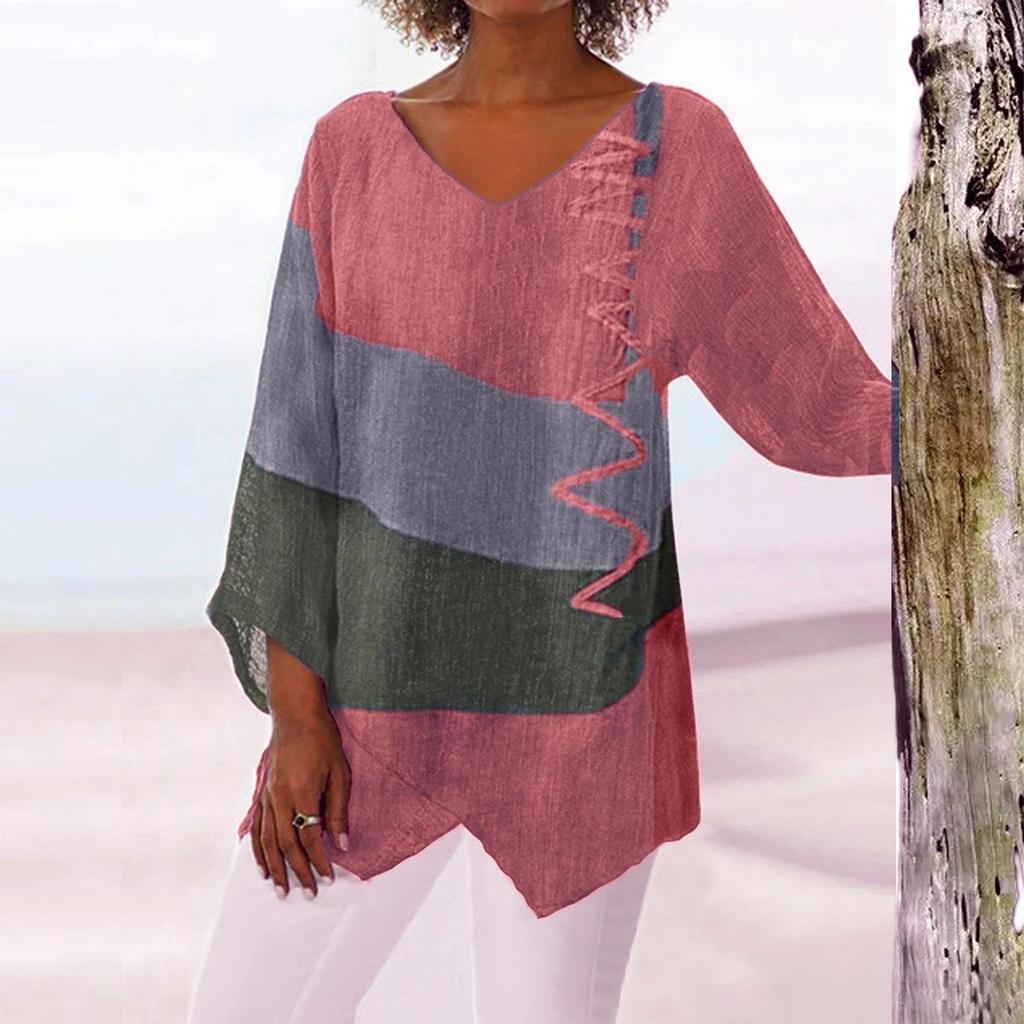 Top Retro Autunnale con Scollo a V e Stampa Artistica a Maniche Lunghe da Donna