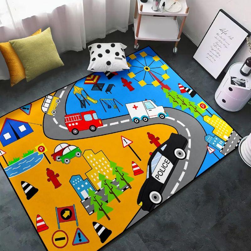 Construction Rugs for Boys Room Construction Play Non Slip Flannel Carpet for Playroom Decor Rug with Truck Tractor Print Mat