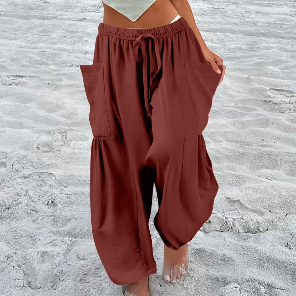 Pantaloni de vară largi cu talie medie pentru femei plinuțe, pantaloni largi cu buzunare