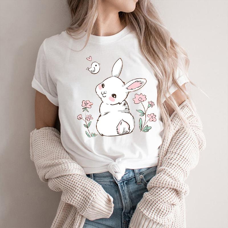 Easter T Shirt Kawaii Bunny Print Short-sleev Tops Fashion Casual Women Tee Easter Basekt Eggs Tees Oversized T-Shirt Ropa Mujer