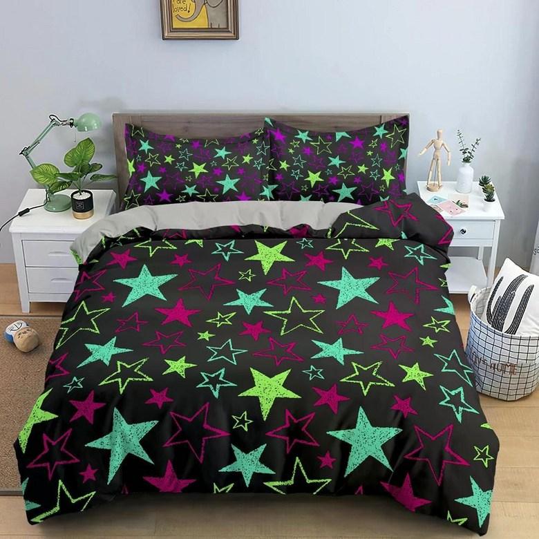 Kawaii Glitter Stars Duvet Cover Twin Queen Psychedelic Space Cosmos Starry Sky Comforter Cover Colorful Star Galaxy Bedding Set