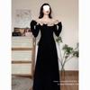 French Hepburn New Long-sleeved Autumn and Winter New Thin Lace Temperament Long Dress Black Dress