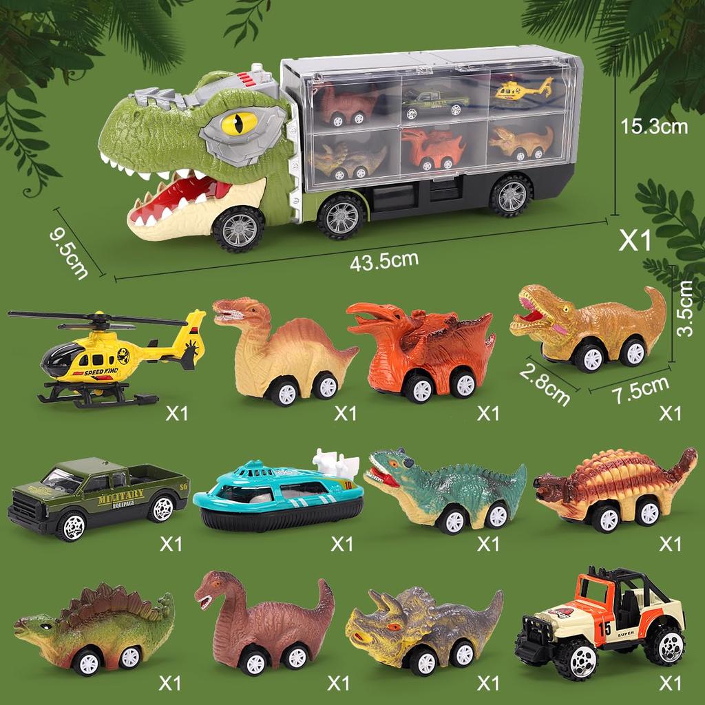 REMOKING Dinosaur Toy Car with Mini Car Educational Toy with Lights and Dinosaur Birthday Gift for Ages and Boys and Girls 13-in-1 Storage, Set,