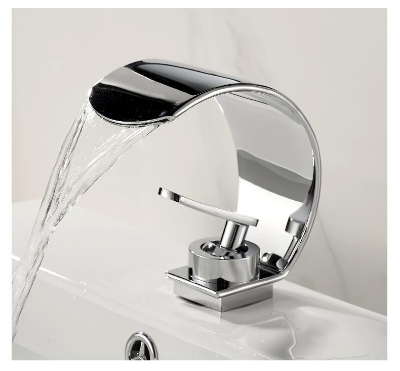 Wide-spouted basin waterfall tap, solid brass, black, hot and cold water, countertop basin tap with large spout