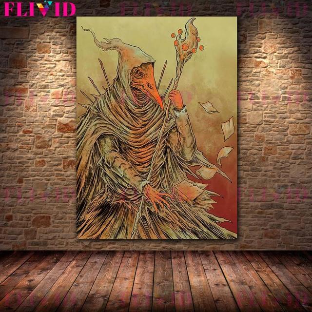 Moon Demon and Horror Wizard Vintage Wall Art Oil Painting Skeleton Demon Gothic Dark Art Poster
