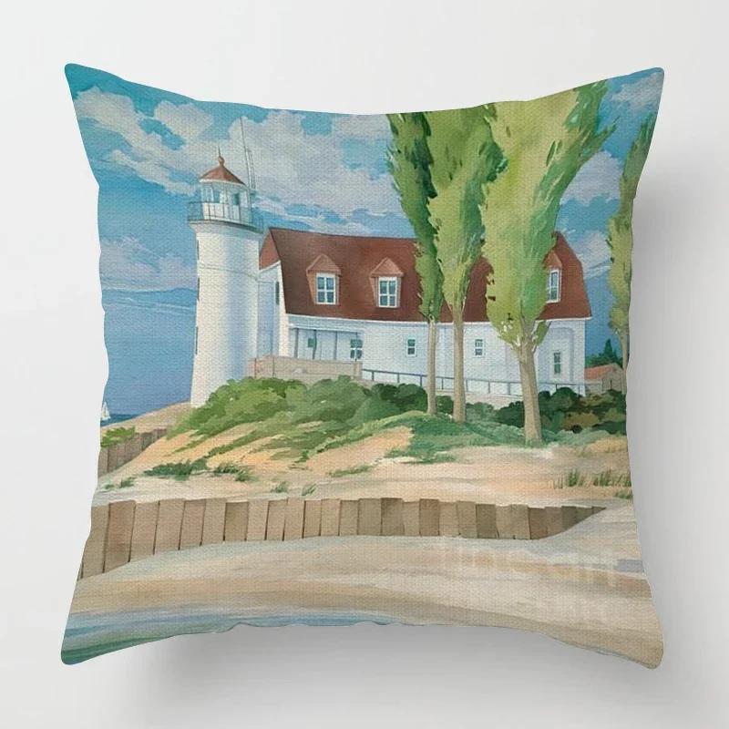 Beach landscape pattern throw pillow cover with short plush print for living room sofa decoration cushion cover pillow covers