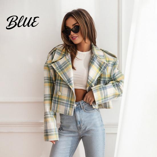 Short Design Plaid Jacket Fall Winter Women Turn-down Collar Print Long Sleeves Loose Lapel Coat Cardigan Button Decor English Style Type Outerwear