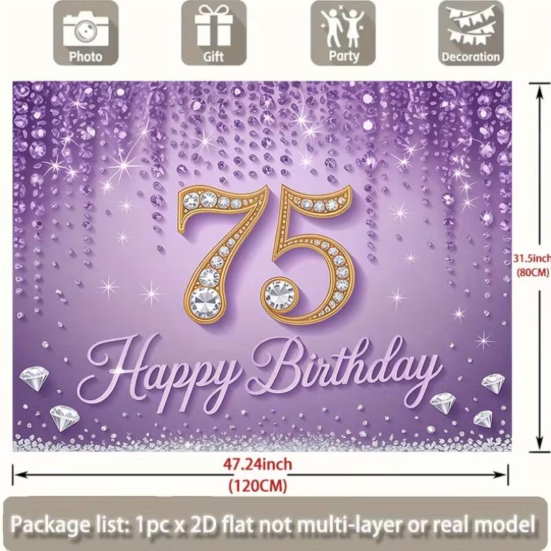Elegant 75th Birthday Backdrop, Glamorous Purple Design with Diamond-Encrusted Number 75 and Sparkles, Festive Milestone Party Wall Decor