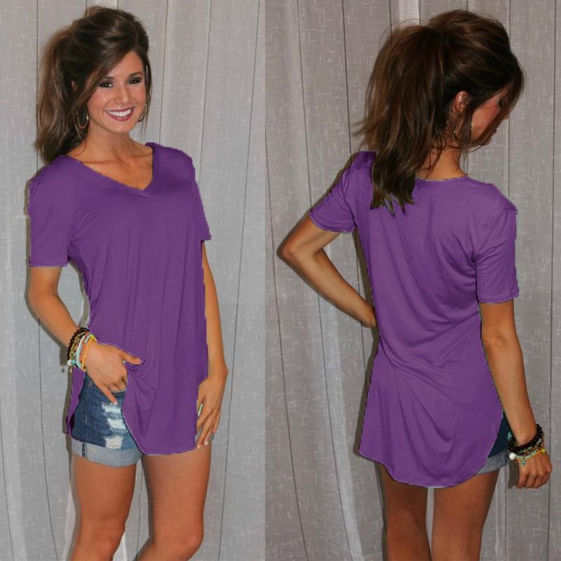 Women's Loose T-Shirt, V-Neck, Plus Size, Split Short Sleeve, Curved Hem