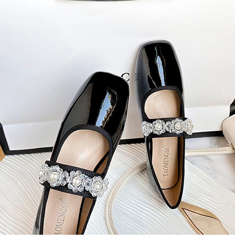 Fashion Delicate Women's Clear Rhinestone Strap Mary Janes Ladies Shoes Lolita Ballets Patent Flats Loafers Femmes Square Toe Ballerinas
