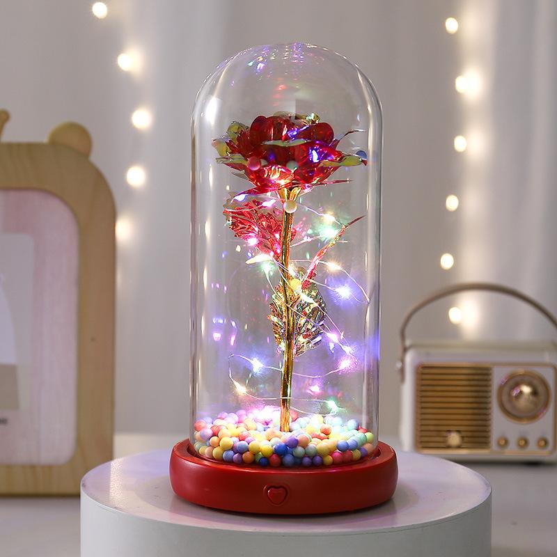 Gold Rose Glass Cover Ornament with Light Music To Send Valentine's Day Women's Day Immortal Flower Creative Gift