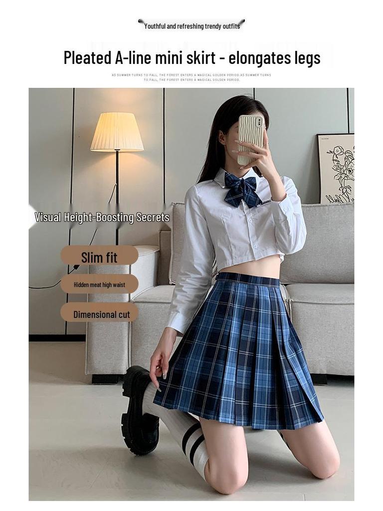 Women's Blue Plaid A-Line High Waist Pleated Skirt - College Style, Plus Size, Short Length for Spring & Autumn