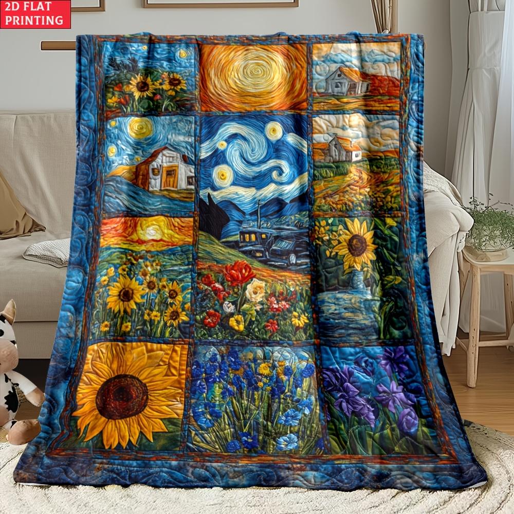 Vintage Van Gogh Art Blanket Starry Night Sunflower Oil Painting Patchwork Flannel Throw Blanket Aesthetic Artist Home