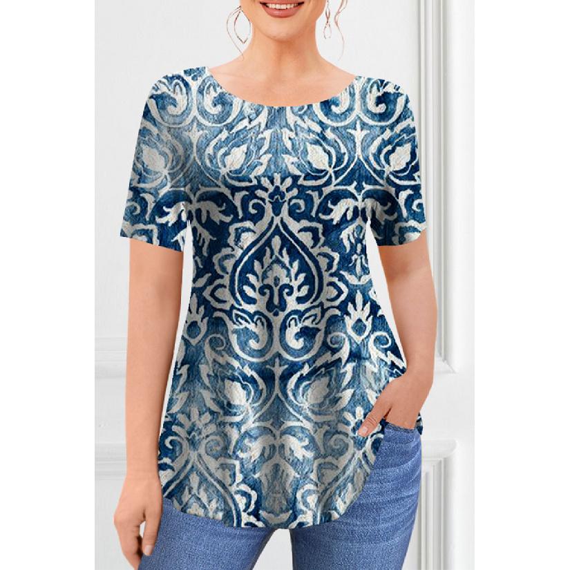 

Новые женские футболки Весенняя одежда Цветочный графический принт Круглый вырез Пуловеры Топы с коротким рукавом Уличная одежда Одежда оверсайз Женские 5XL циан