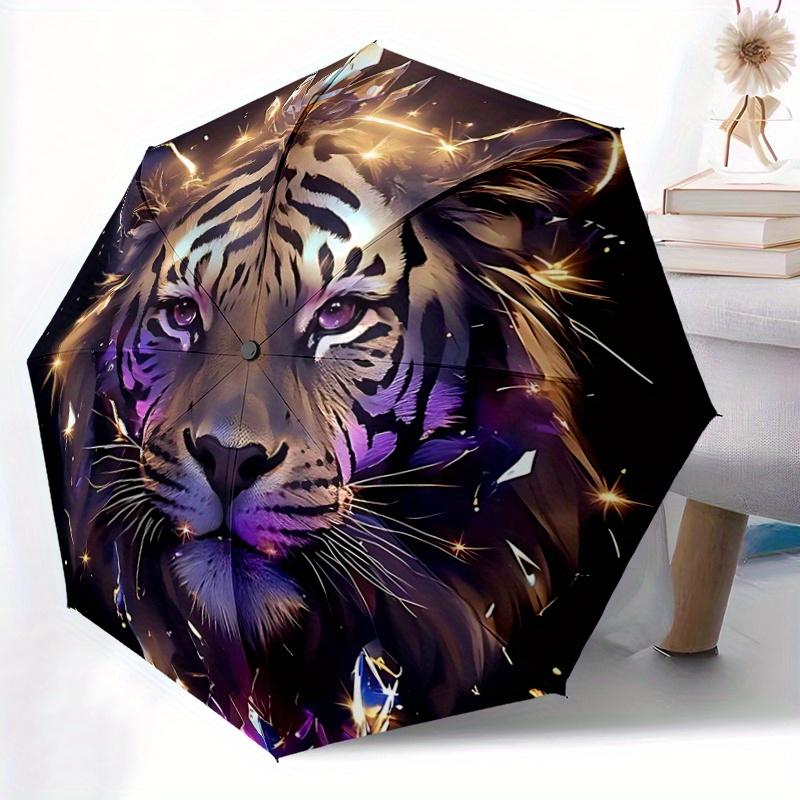 1pc Majestic Tiger with Crystal Crowns Pattern Umbrella, Fashionable, Personalized, High-Value Folding Umbrella, a Must-Have for Summer, 8-Rib Du