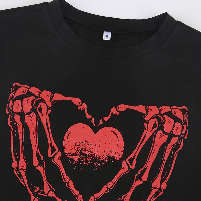 Potisk Harajuku Černé Crop Tops Ženy Léto Punk Goth Tops Hip Hop Vintage Krátký rukáv Streetwear Volné Ležérní Dámské tričko