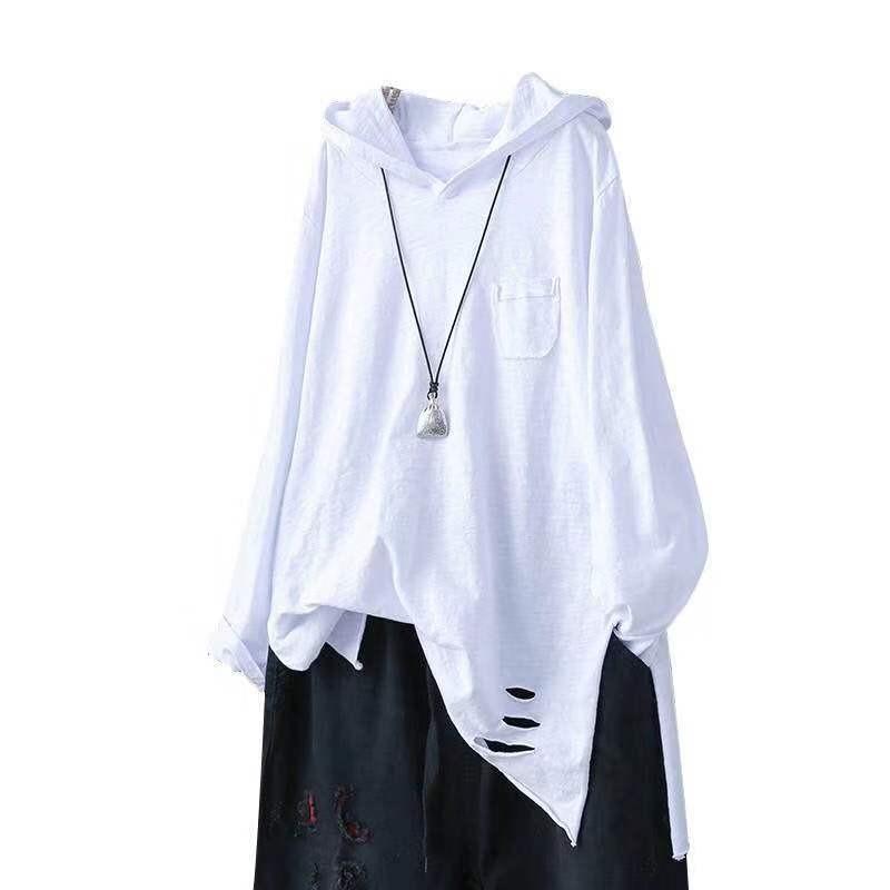 Cotton Hooded T-shirt Women's Spring and Autumn New Loose Long-sleeved Artistic Hole Casual Top To Show Thin Slit Bottom Shirt