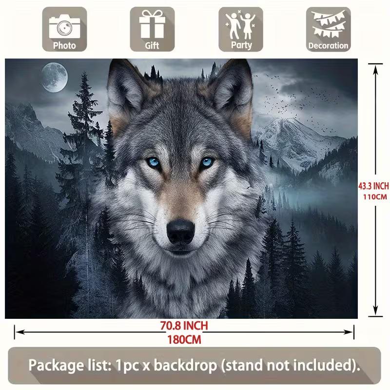 2D Blue Eyed Wolf Backdrop - Forest Moon Party Photo Booth Background