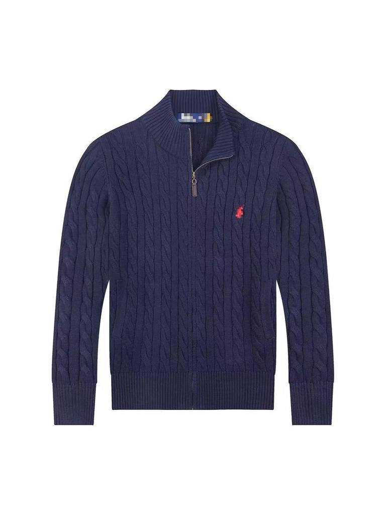 Men's Embroidered Pony Polo Shirt, Classic Old Money Style, Thickened Cotton, Full Zip Knitwear Jacket for Autumn and Winter