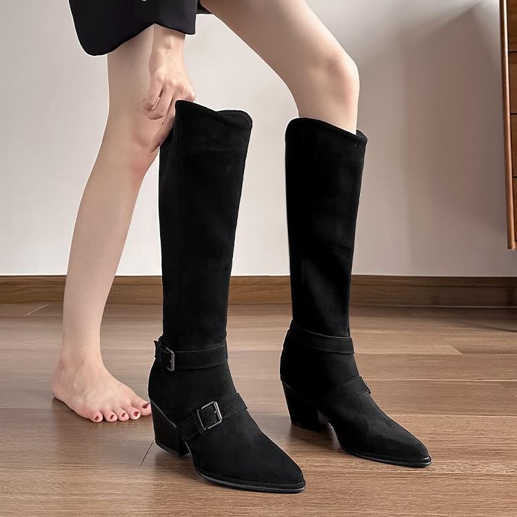 2025 New V-port Belt Buckle Thick-soled Long Knight Boots Women's Retro Pointed Suede Thick-heeled Denim High Boots