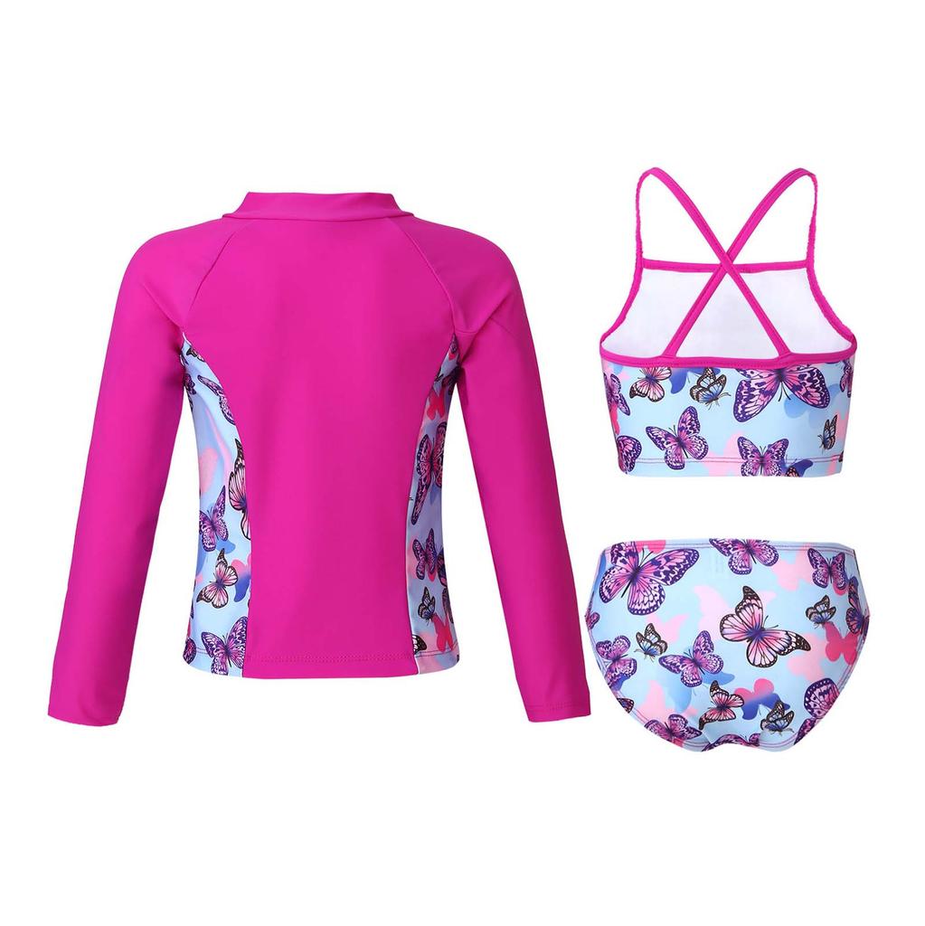 Girls 3 Piece Swim Set Sleeveless Top Briefs Long Sleeve Coat Front Zipper Sun Protection Beach Swimwear