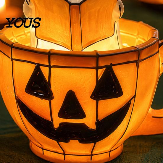 Retro Halloween Light Ghost Reading Book Lamp, Stained Glass Style Night Light, Resin Spooky Bedroom Lamp Pumpkin Bedside for Bedroom, Living