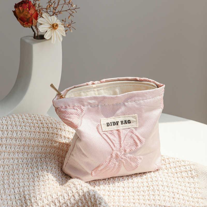 Mini Pink Bow Canvas Makeup Bag With Large Capacity Travel Skincare Daily Use INS Style Organizer Pouch