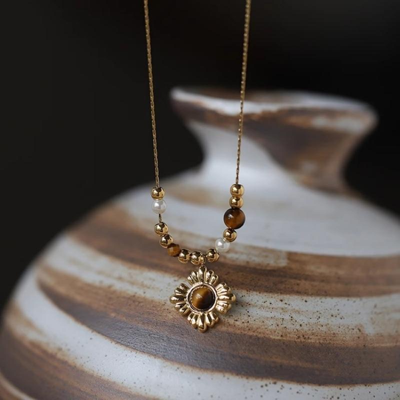 

Винтажное коричневое ожерелье с подвеской в виде цветка для женщин, персонализированное трендовое ожерелье-чокер из бисера, праздничный подарок с цирконом