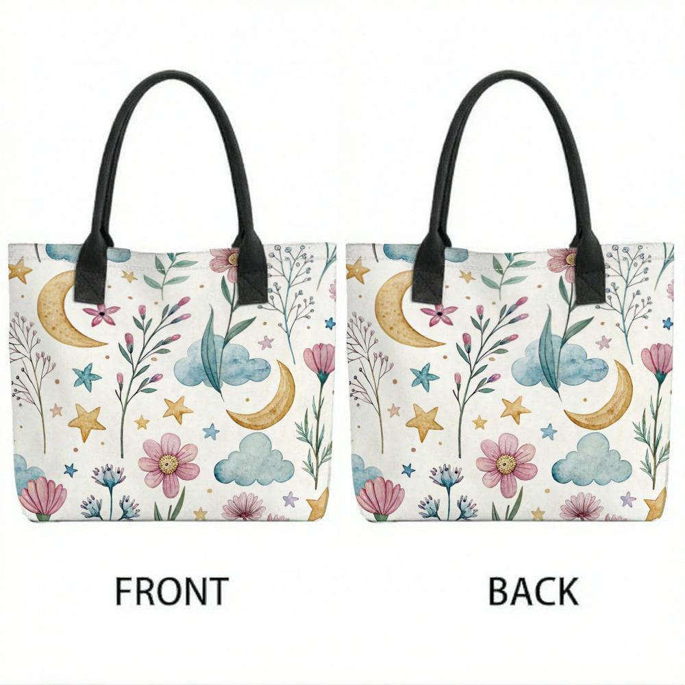 Floral Moon Print Tote Bag Casual Large Capacity Daily Shoulder Handbag