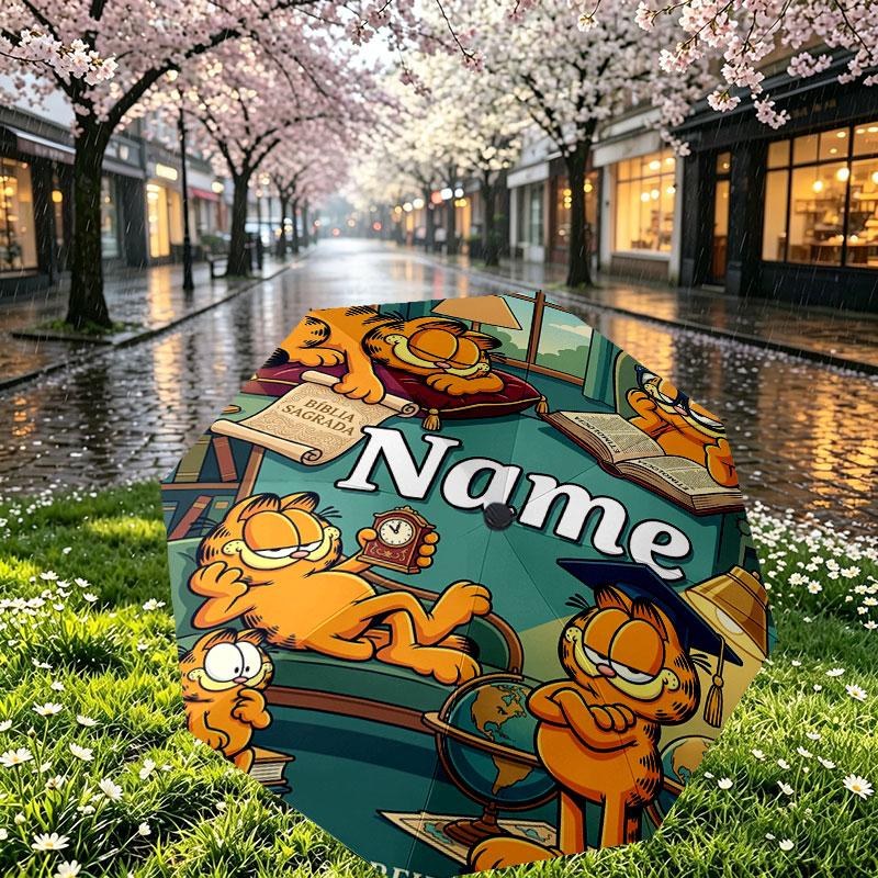 Personalisierter Garfield-Druckschirm mit individuellem Namen, Automatisches Öffnen und Schließen, Stabiler 8-Rippen-Rahmen, Für Pendeln, Camping, Wandern, Geburtstagsgeschenk
