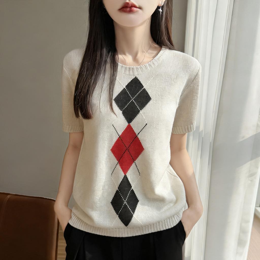Contrasting Color Herringbone Short-sleeved Knit Top for Women - Summer Round-neck T-shirt with A School-style Design