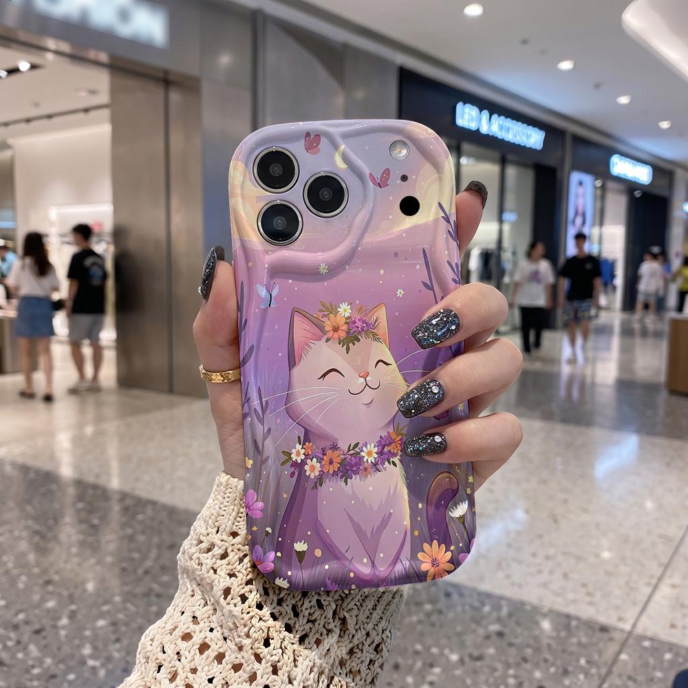 Purple Gradient Flower Cat Wavy Edge Phone Case For iPhone 16 15 14 Pro Max 13 12 11 Mini XR XS SE 2020 7 8 Plus Air