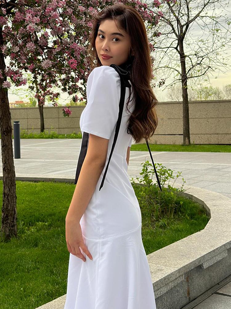 Bogen Patchwork V-Ausschnitt Kurzarm Damenkleid Sommer Party A-Linie Damen Lange Robe