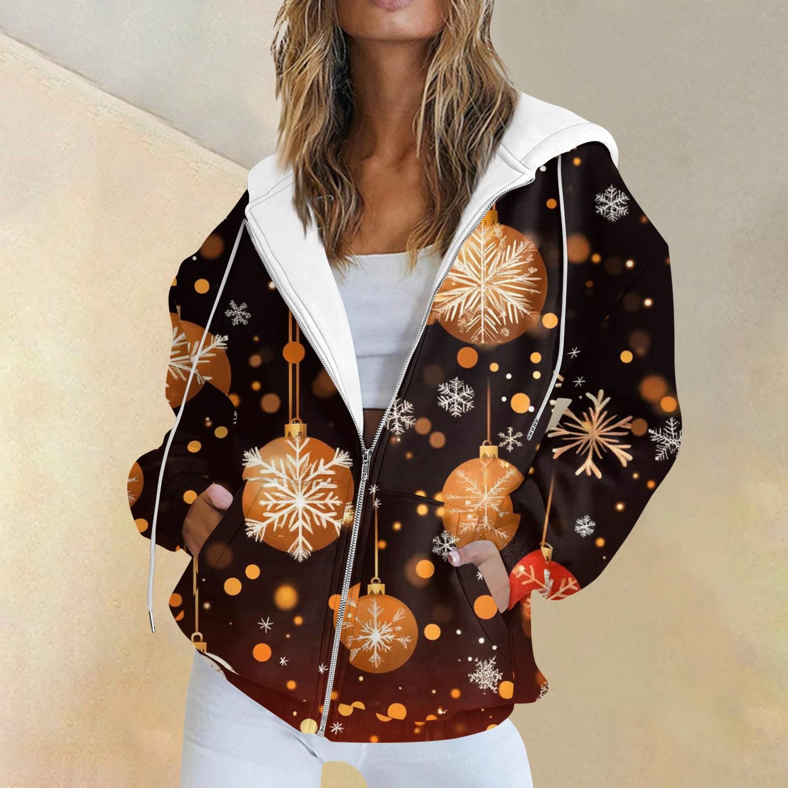 

Женская повседневная рождественская печатная толстовка на осень и зиму с длинными рукавами и карманом на молнии с капюшоном S