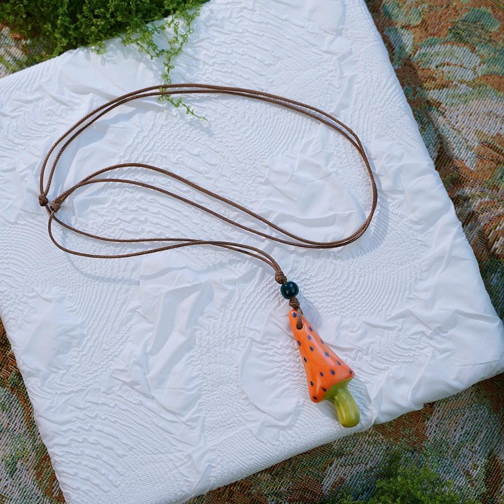 Hand-painted Mushroom Pendant Necklaces Small Flower Sweater Chain Necklaces Gift