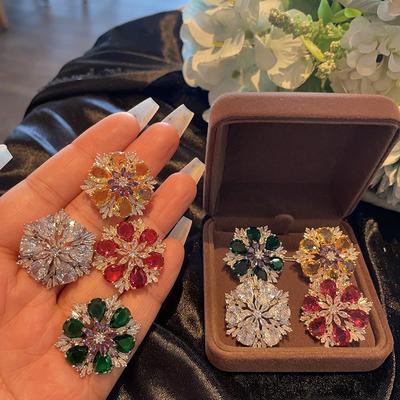 Color Flower Snowflake Stud Earrings Women'S Earrings Micro-Inlaid Zircon Copper Gold-Plated High-Quality Jewelry