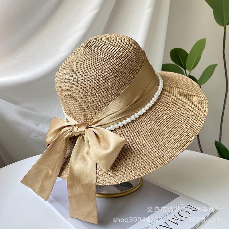 French Elegant Ribbon Bow Pearl Grass Hat Women's Summer Dome Seaside Outing Shading Versatile Top Hat Tide