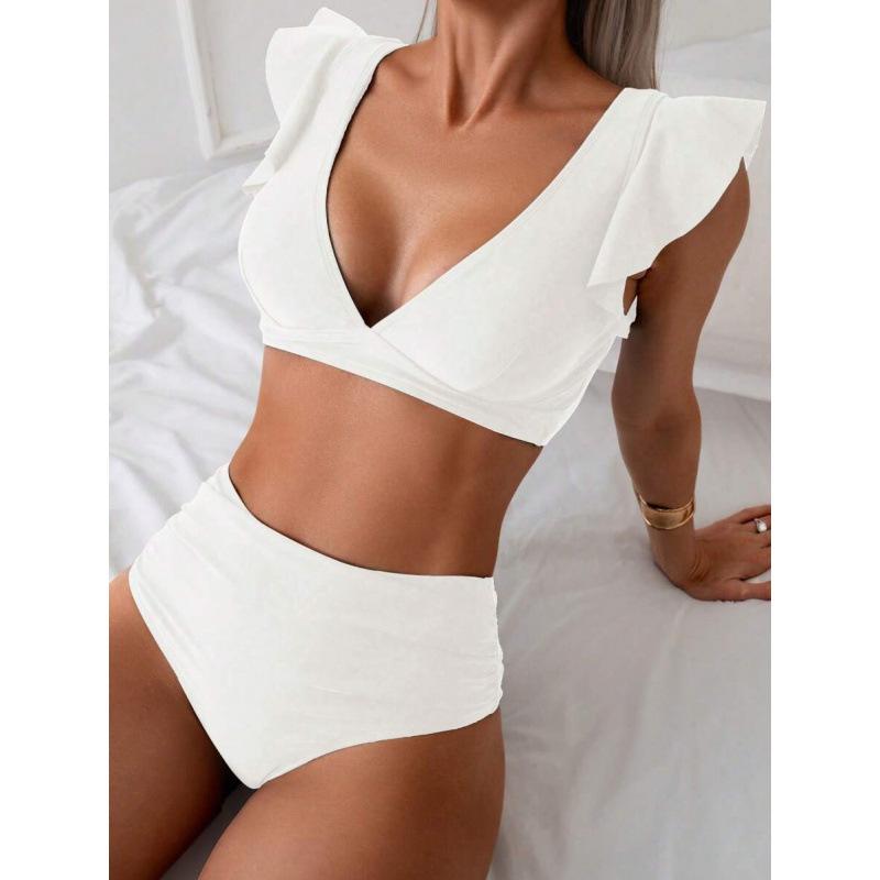 Navy Blue Ruffle Sleeve High Waist Bikini Set V Neck Two Piece Swimsuit