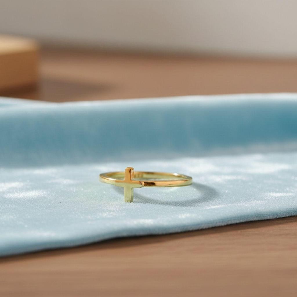 925 Sterling Silver Gold Vermeil Minimalist Cross Women Ring
