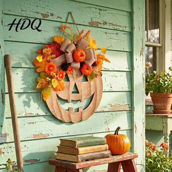 Halloween Door Decoration for Porch Wooden Pumpkin Sign with LED Lights Artificial Floral Hanging Thanksgiving Wreath Home Decor Ornament Window