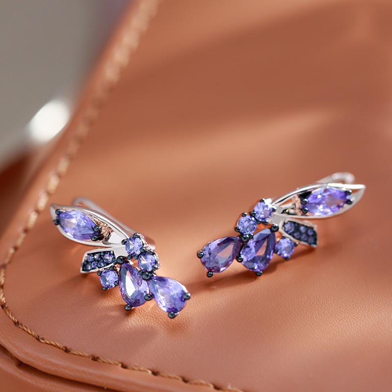 Purple Natural Zircon English Earrings Women  Rose Gold And Black Plating Wedding Jewelry Vintage Flower Earrings