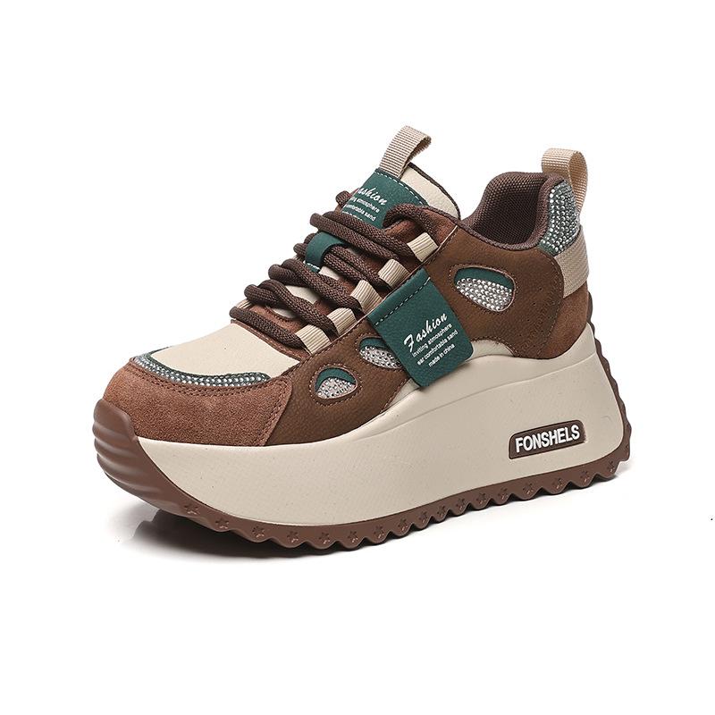 Innere Höherlegung Plateau Schuhe Damen Frühling und Herbst Neu Lässig Schnürung Farbabstimmung Student Laufschuhe