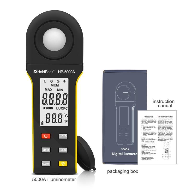 HoldPeak HP-5000A Portable Digital Luminance Meter 1-400,000Lux Range 0.1LUX/FC Resolution Data Logging with Backlight Feature