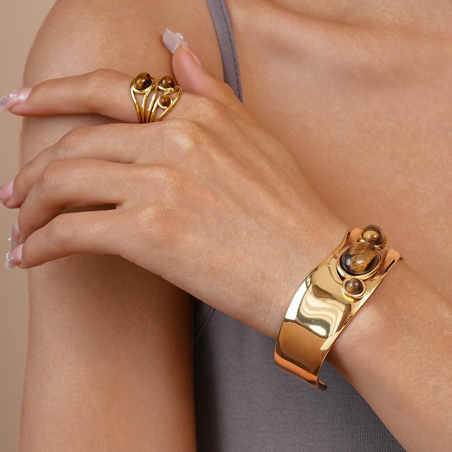 18k real gold electroplated stainless steel tiger's eye stone oval opening bracelet retro bracelet
