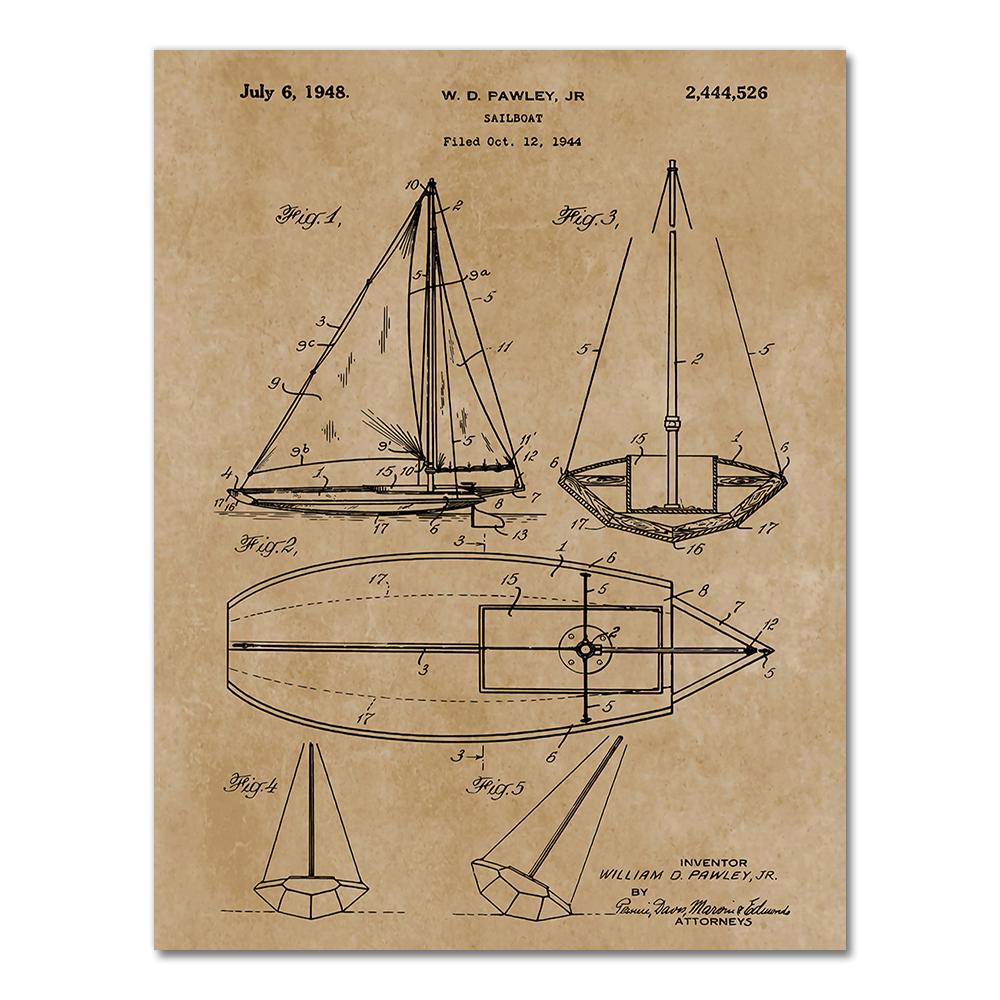 Sailboat Patent Print Vintage Poster Sailor Gifts , Yacht Anchor Ship Wheel Sailing Blueprint Nautical Wall Art Canvas Painting