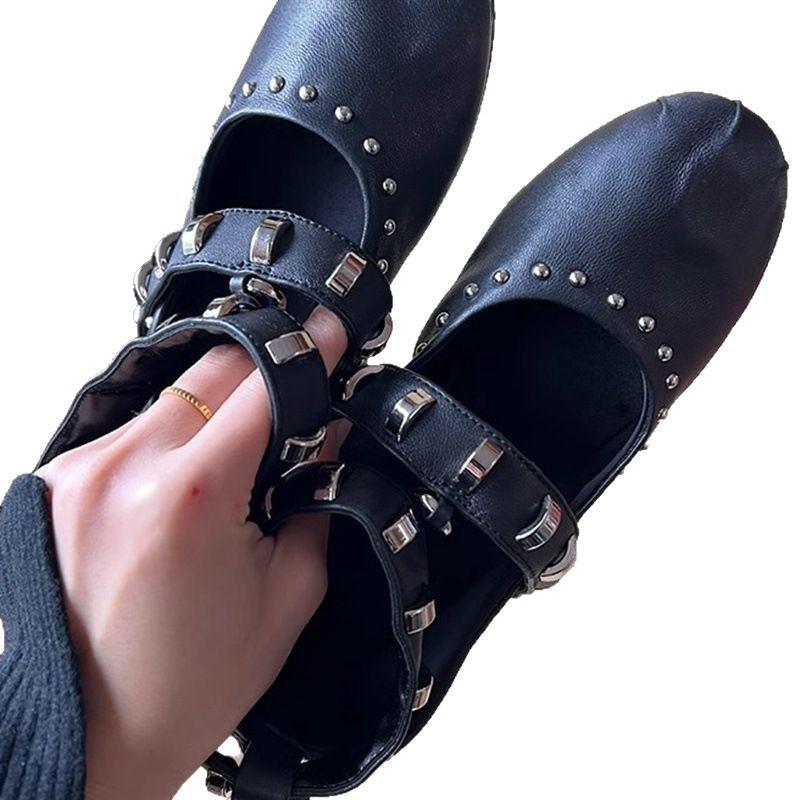 Nischendesign Ballerinas Damenmode vielseitig runde Spitze Temperament Nieten flache Mary Jane Einzelschuhe